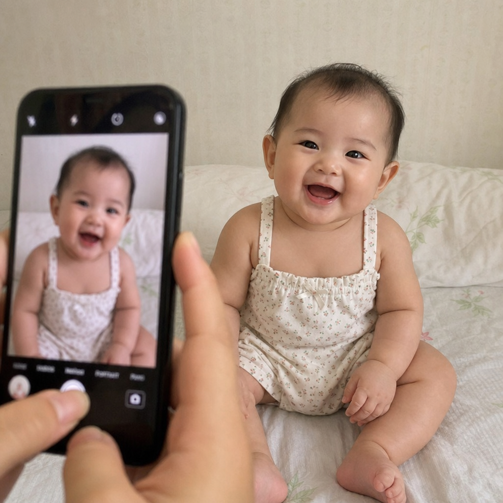 Parent Taking A Smiling Baby Photo For An Online Contest